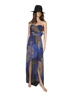 MAX & CLEO High Low Maxi Summer Dress Blue Strapless Peacock Lined Sz  4 NWT